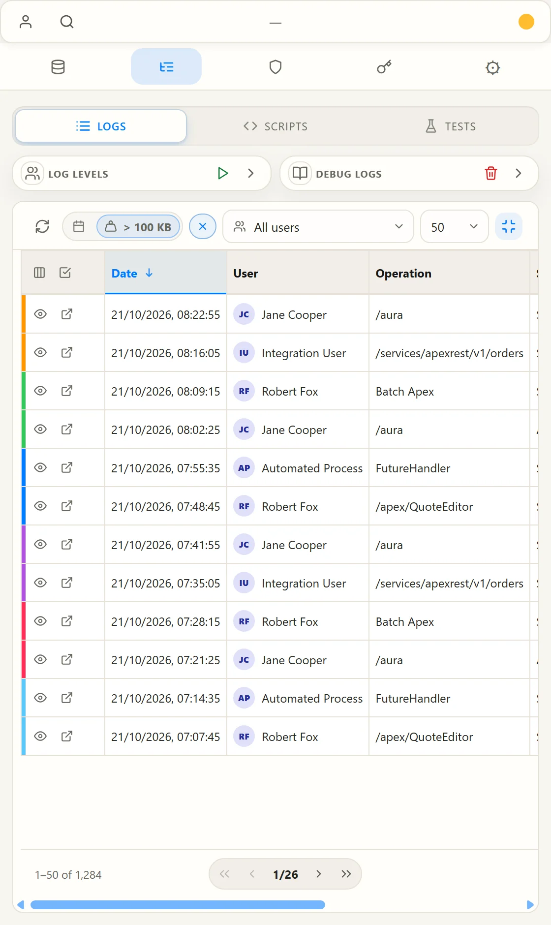 Debug log list with date and size filters