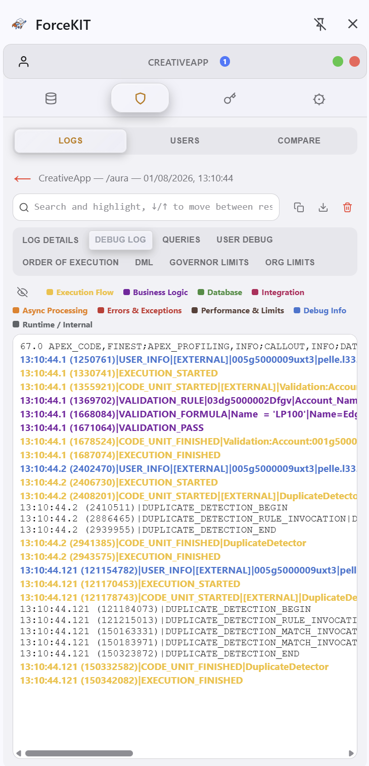 Reading a categorized Salesforce debug log in ForceKIT