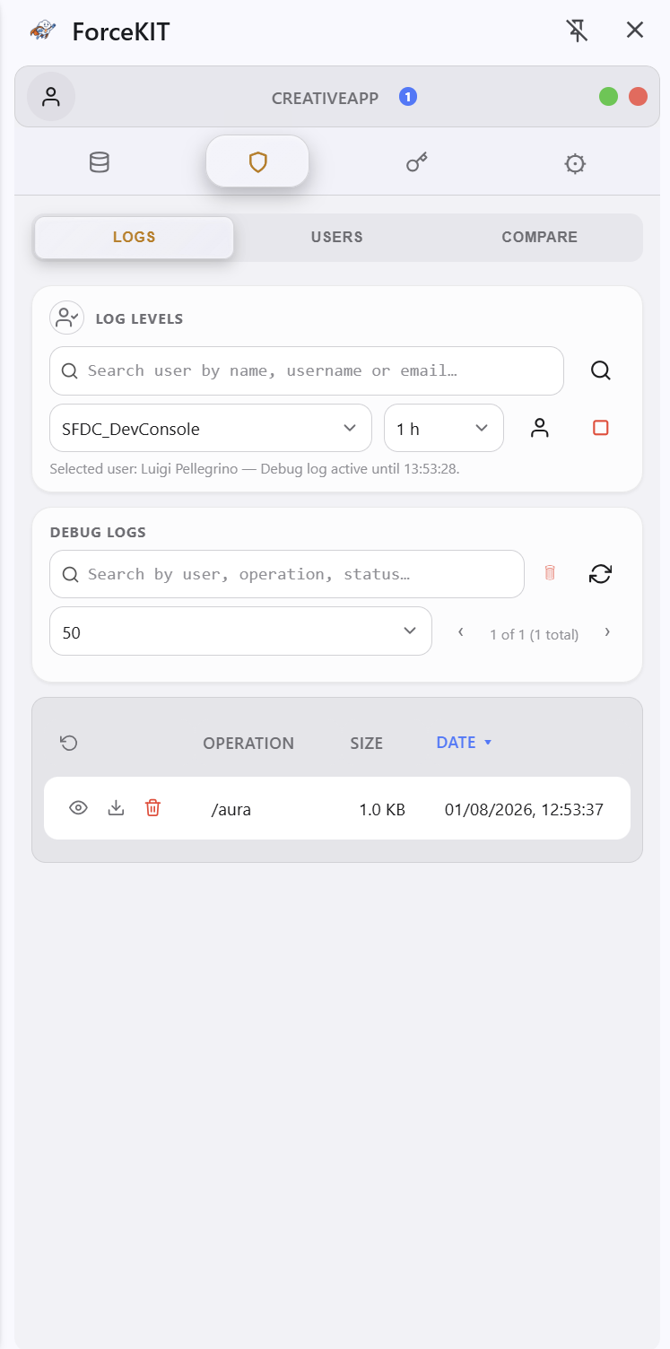 Managing debug log levels and browsing the debug log list in ForceKIT