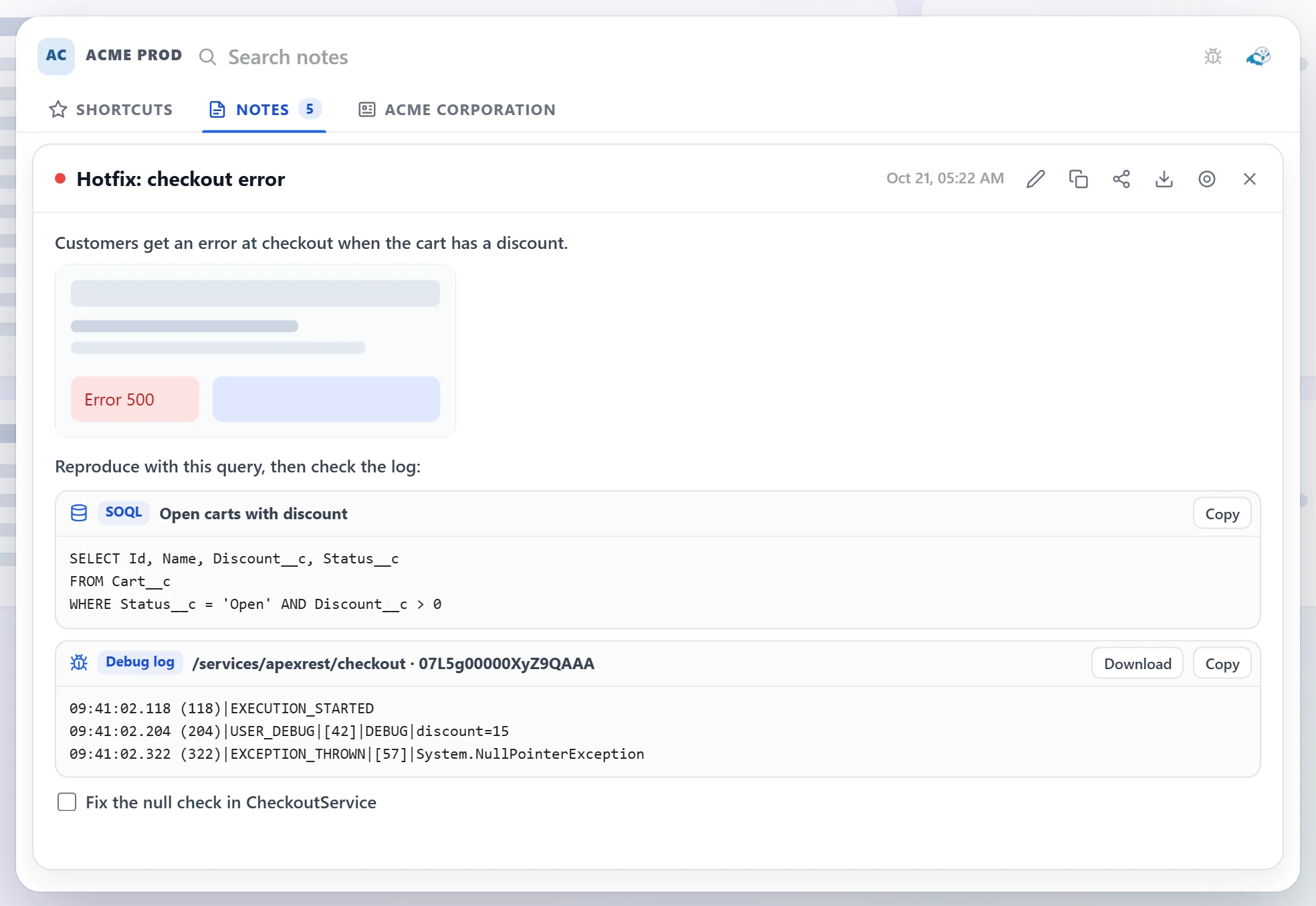 A note with screenshot, query and debug log attached