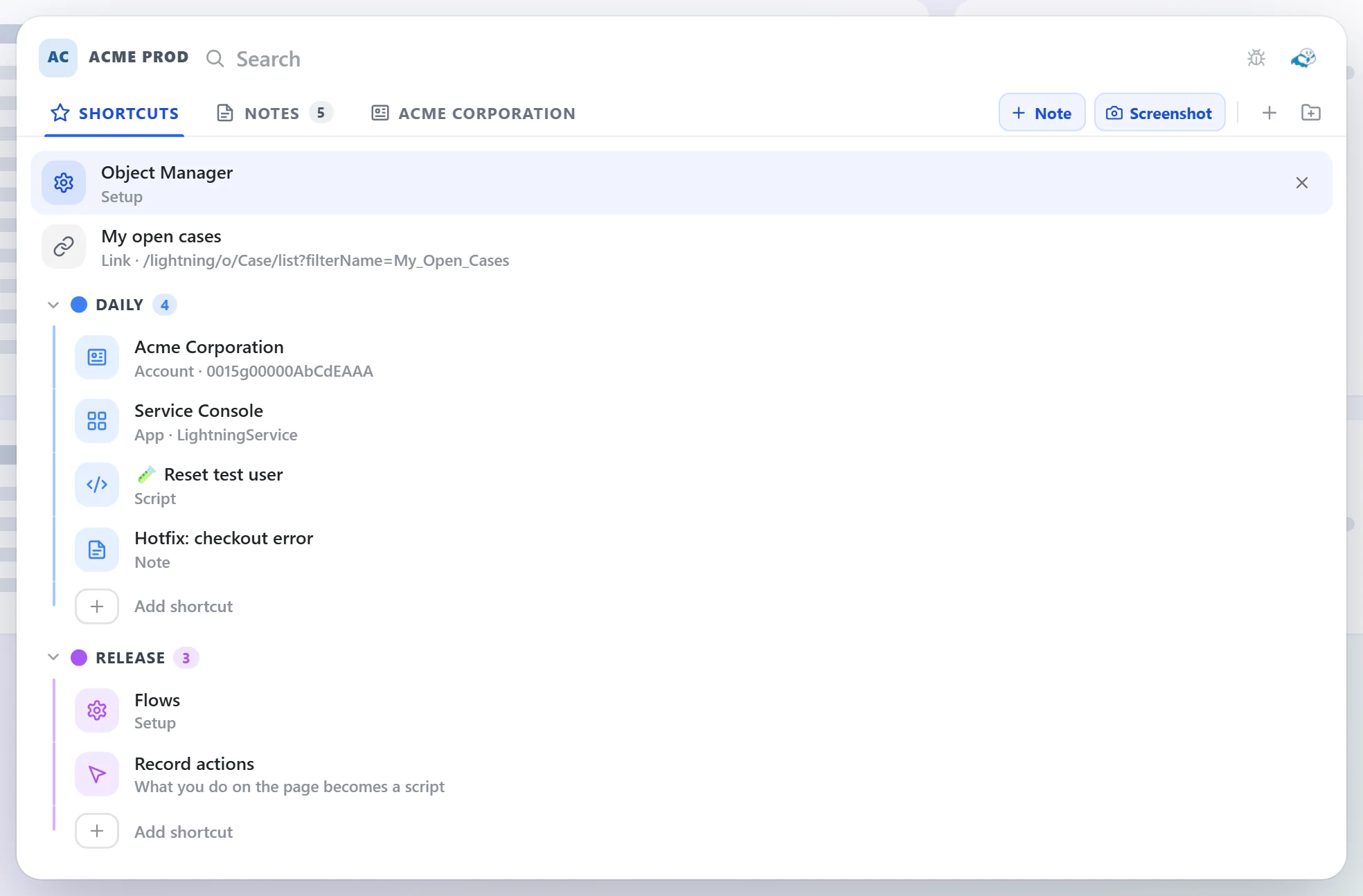 Command palette with grouped shortcuts