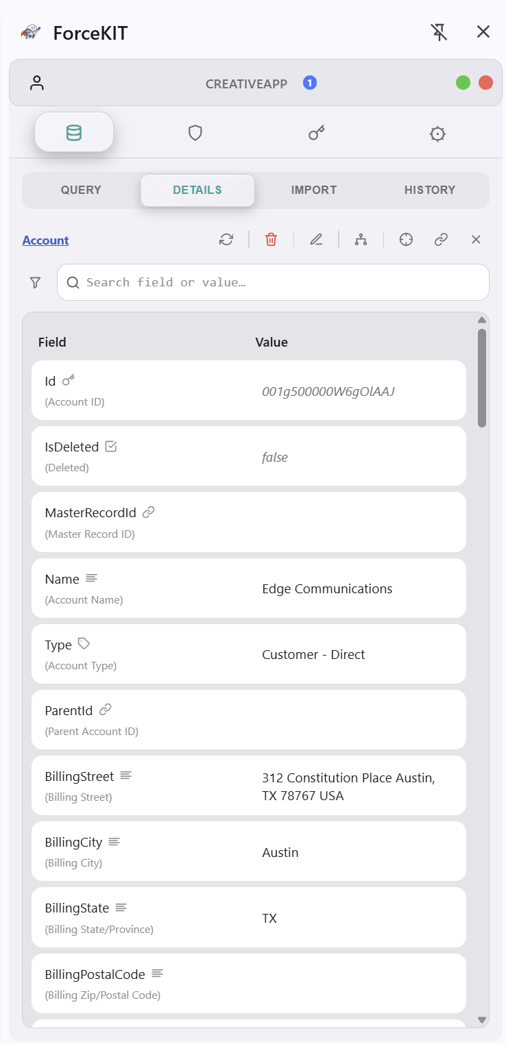 Viewing record field details and API names in ForceKIT
