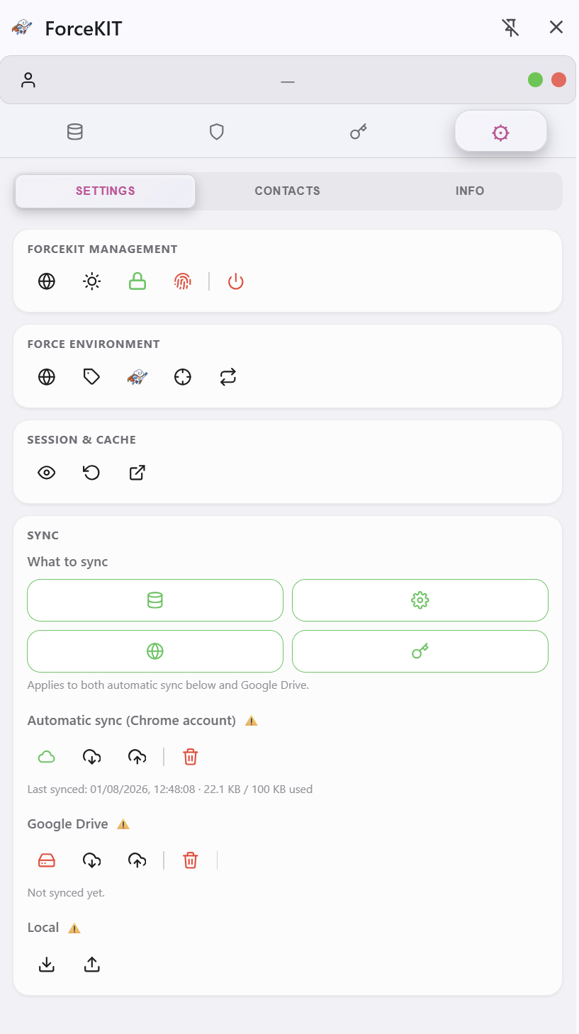 ForceKIT settings panel with sync options in the side panel