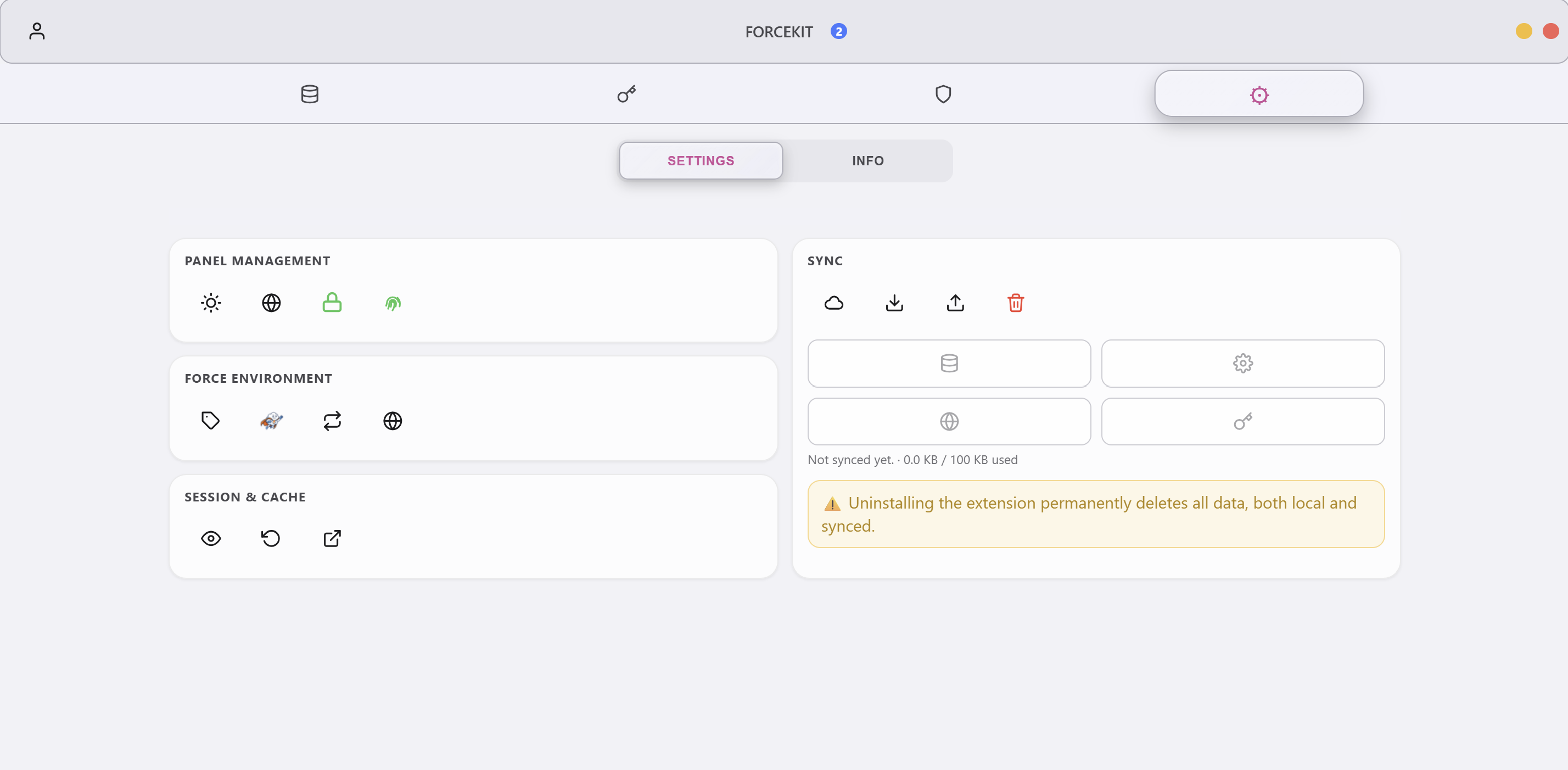 ForceKIT settings panel showing sync and session options in full-width layout