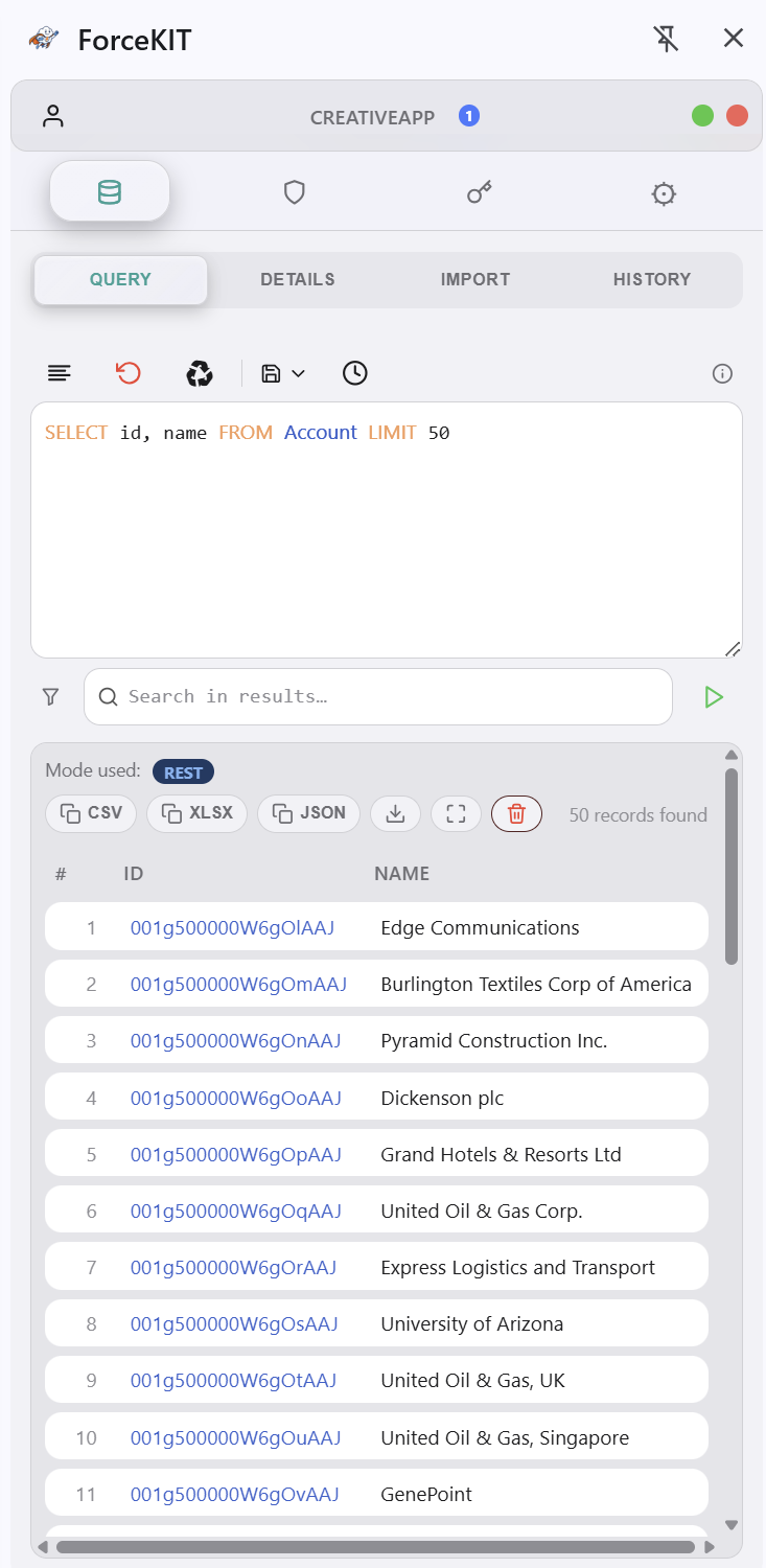 Running a SOQL query and browsing results in ForceKIT