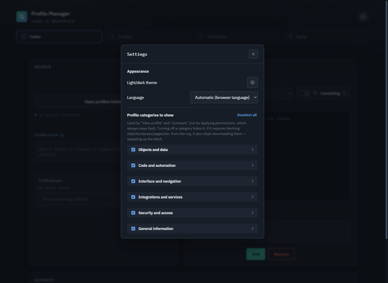 Settings: categories and language